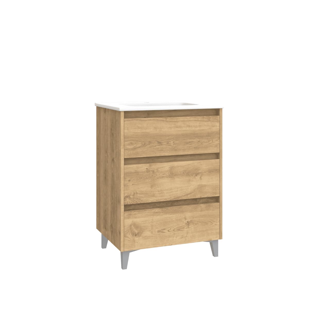 Mueble de Baño A Suelo con Lavabo Cerámico modelo Veloz|Mueble Baño con Patas Cromo 3 Cajones | 70 cm Roble Natural
