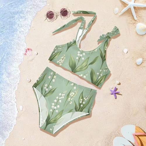 JUNZAN Cartoon Lily Flowers Green Girls Bikini Bathing Suit High Waisted 2 Piece Swimwear Toddler Girls Swimming Suit 3T4
