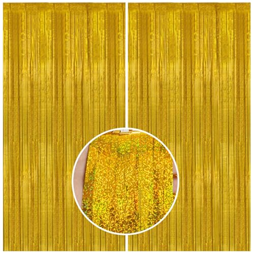 Image of 2 Pack 3.3 x 8.2 ft Tinsel Foil Fringe Curtain Backdrop, Upgraded Gold Glitter Metallic Streamers Backdrop Curtains for Birthday Decorations Bachelorette Prom Graduation Party Decorations