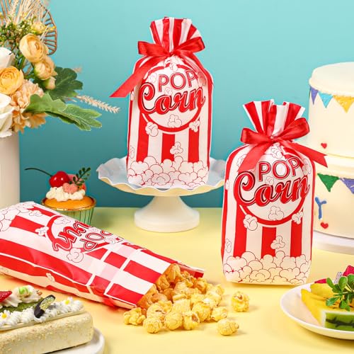 Image of 50 Pcs Popcorn Plastic Bags Circus Carnival Party Goodie Bags Bulk Movie Night Popcorn Container for Carnival Movie Night Theater Halloween Party Supplies (Red)