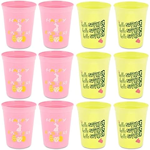 Easter Disposable Plastic Party Cups - 12 Pack Reusable Tumblers, 16oz Plastic Stadium Cups, ''HAPPY EASTER'' and ''hello SPRING'' Designs, Perfect for Easter Day Party Supplies Cover
