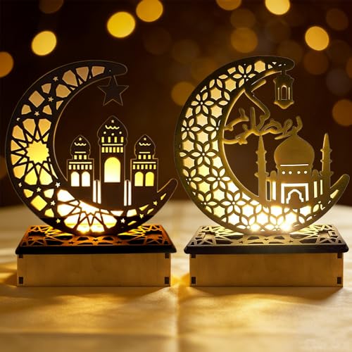PLLYPE Lot de 2 lumières en bois pour le Ramadan - Lune et étoile - Lampe LED en bois - Décoration de table pour la maison, le bureau, le Ramadan - Cadeaux...
