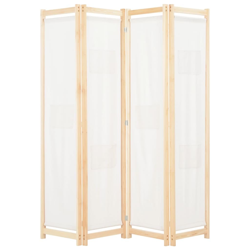 vidaXL 4-Panel Room Divider - Freestanding Partition/Cream Fabric Screen - Lightweight, Easy-to-Clean, Foldable with Solid Fir Wood Frame - 160x170x4 cm