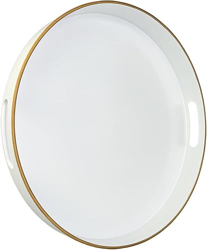 Bandeja decorativa redonda de 13 pulgadas, bandeja blanca para servir con asas, bandeja de mesa auxiliar de plástico para otomana, sala de estar,