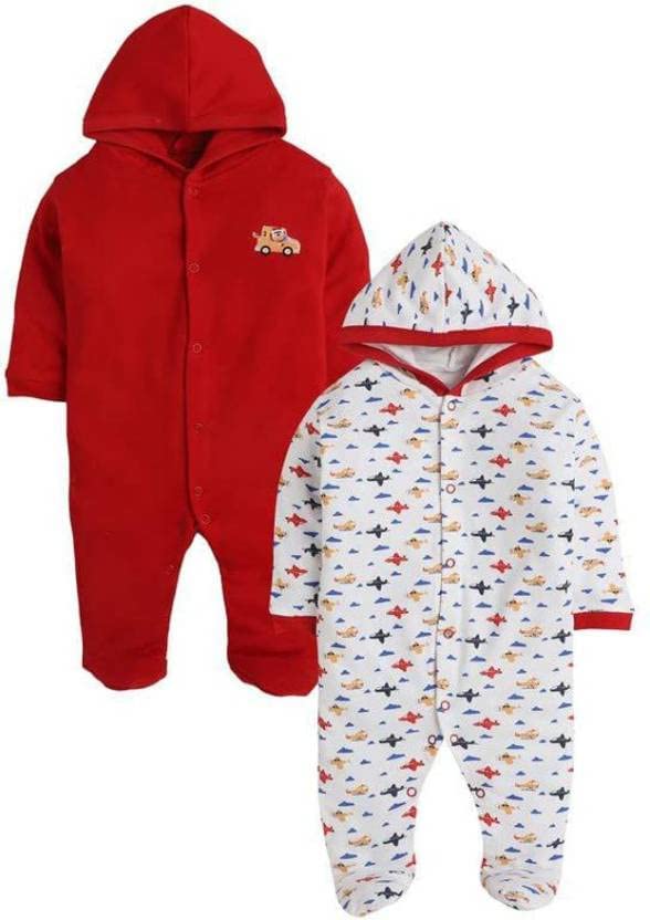 Image of Pooja Baby Front Open Full Sleeves Sleepsuit Hooded with Foot Easy Dressing and Diapering Romper Set of 2
