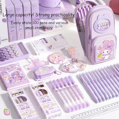 Image of Premium Canvas Pencil Case Hang able 6 Layer with 3 Compartment Cute Aesthetic Pencil Case Large Capacity Pencil Pouch for Kids (Cute Rabbit - Purple)