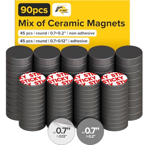 Image of Ultra-Strong Ceramic Round Magnets with Adhesive Backing (2 Sizes Mix, 90 pcs) - Heavy Duty Sticky Magnets, Non-Corrosive, Versatile for Home, Office, Workshop, Whiteboard, Fridge and Hobby Use