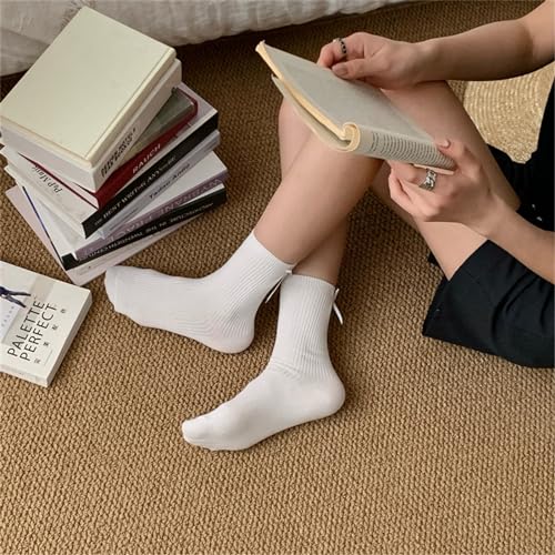 Muloo Women Japanese Style Elegant Cute Bowknot Back Crew Socks Solid Color Ribbed Vertical Striped Middle Tube Cotton Socks, Recommended size 35-424