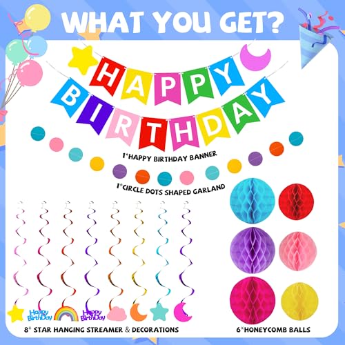 MDCGFOD Birthday Decorations, Happy Birthday Banner with Honeycomb Balls, Swirls Set Happy Birthday Decorations Sign for Men Women Boys Girls Birthday Party Supplies Kit for Indoor Outdoor