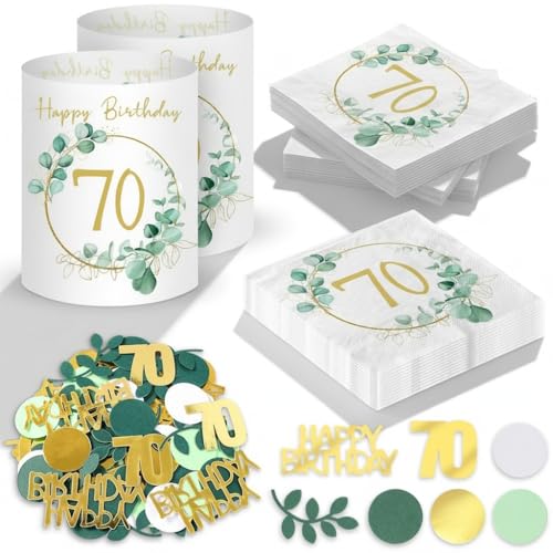 Tischdeko Geburtstag 70 Jahre Alt - 20 Stück Servietten Dekoration 12 Stück Windlicht Tischdeko 100 Stück Eukalyptus Deko Konfetti Happy Birthday Party Geburtstagsdeko für 70. Geburtstag Frauen Mann
