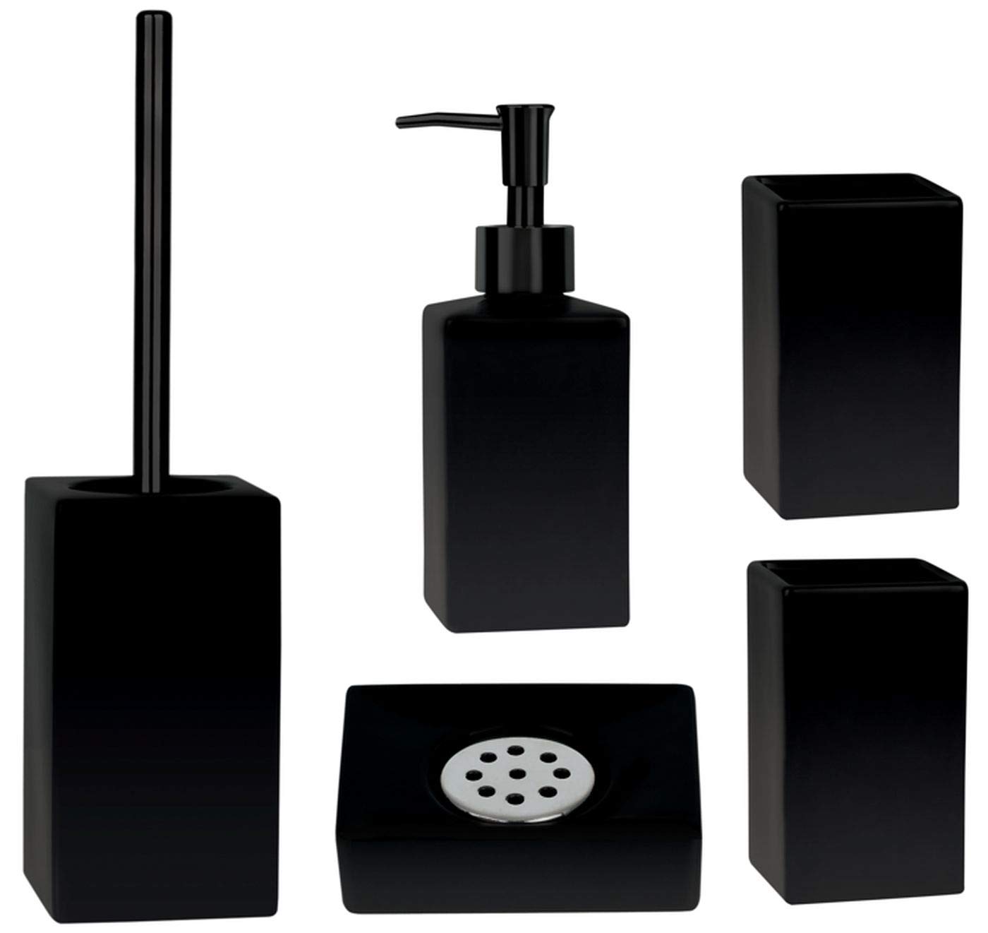 Spirella Badezimmer Set, 5-teiliges Badzubehör aus Steinzeug Quadro Seifenspender, WC Bürste, Seifenschale, und 2X Zahnputzbecher Schwarz matt Küche, Haushalt & Wohnen