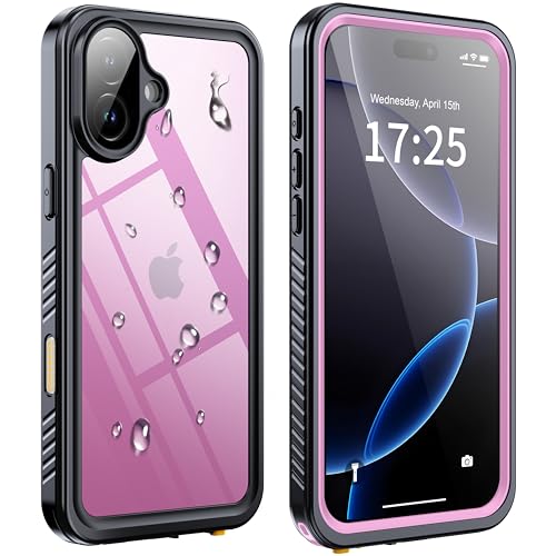 ANTSHARE IP68 Waterproof Case for iPhone 16 Plus - Built-in Screen/Lens Protector - Military Drop Shockproof Full Body Protection for Swimming/Outdoor Pink/Clear