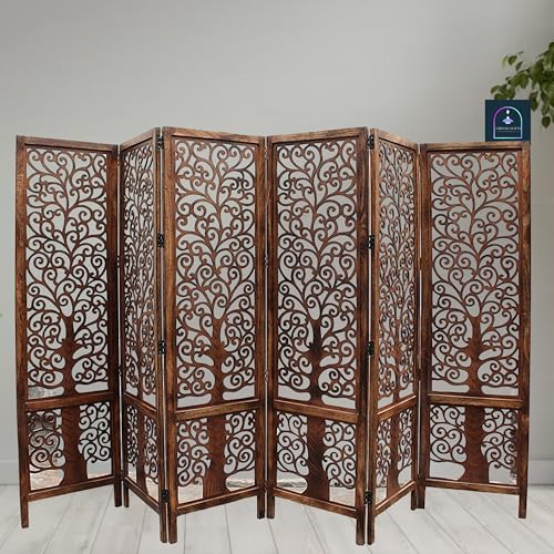 Image of Wooden Room Partition /Screen /Room Divider /Room Separator Traditional Handicrafts 6Ft (Dark Brown) (Tree 6 Panel)