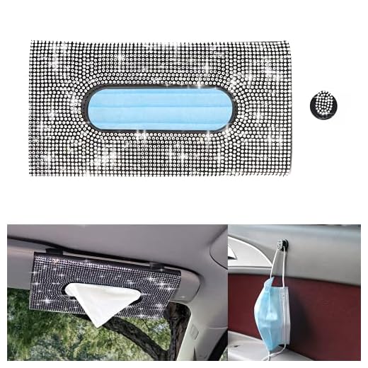 HTXJ-MF Car Visor Tissue Holder Leather Mask Box Sparkling Bling Crystals Cover Case & Glitter Mask Hook Clip for Women (Black)