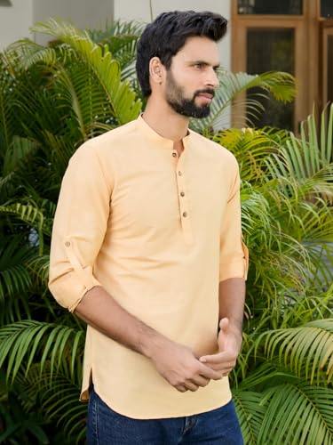 Image of See Designs Men's Roll-Up Sleeve Mandarin Collar Cotton Solid Short Kurta (Pack of 2) - Festive Collection