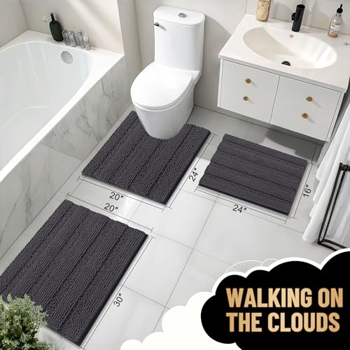 Image of OLANLY Thick Large Bathroom Rugs 44x32, Extra Soft Absorbent Chenille Striped Bath Rugs, Rubber Backing, Machine Wash, Bath Mats for Bathroom Floor, Tub and Shower, Home Decor Accessories, Dark Grey