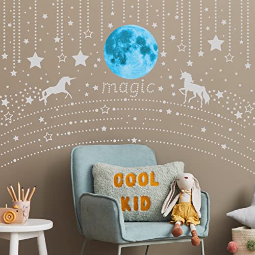 Glow In The Dark Unicorn Wall Decals For Girls Room, Luminous Moon And Stars For Ceiling, Fairy Stickers Wall Decor For Kids Bedroom Birthday Party(Blue) #TOP4