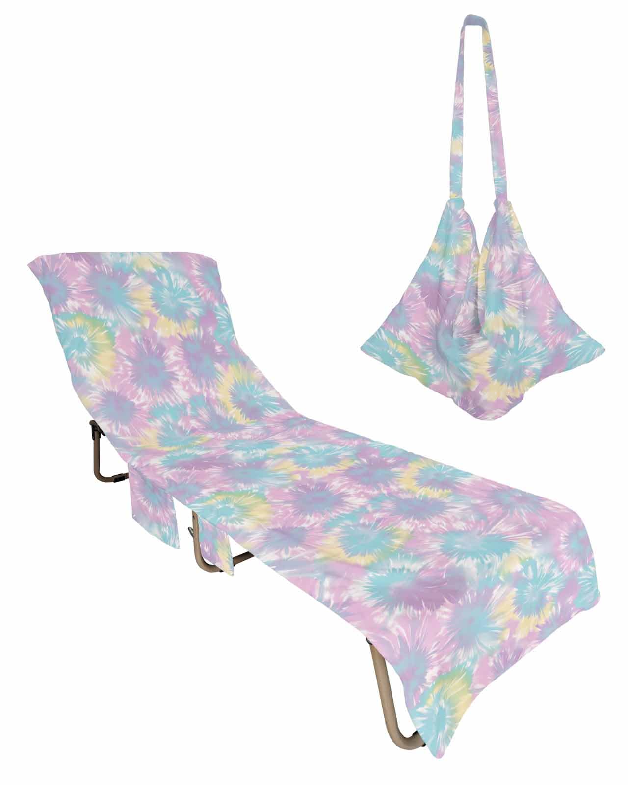 Beach Pool Patio Lounge Chaise Chair Cover Towel with Pockets,Teal Purple Absorbent & Quick Dry Microfiber Towel Cover Bag Summer Travel Accessories Rainbow Stained Tie Dyeing Rainbow Modern Boho