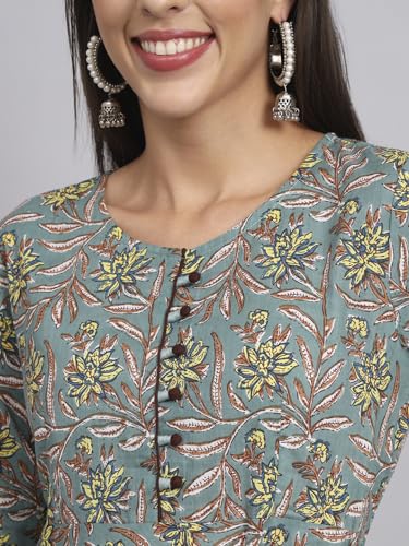 Image of Rapsodia Womens Cotton Green & Brown Floral Printed Flared Kurta