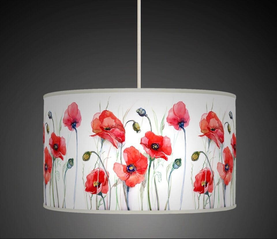 New 20cm(8") Red Watercolor Poppy Floral Flower Black Handmade Giclee Style Printed Fabric Lamp Drum Lampshade Floor Ceiling Pendant Light Shade 606