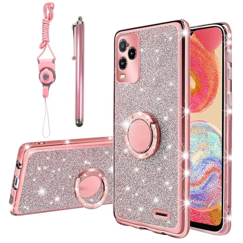 KuDiNi for BLU View 5 Pro Case 6.75 for Women Glitter Crystal Soft Clear TPU Luxury Cute Protective Cover with Kickstand Strap for Blu View 5 Pro B170D (Glitter Rose)