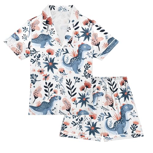 ALAZA Dinosaur Leaf Blossom White Satin Pajamas Set Short Sleeve Button Down Sleepwear Summer Pjs 2 Piece
