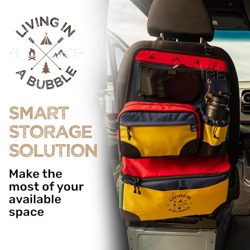 Image of Living in a Bubble Seat back Organizer - Magnetic Toiletry and Cooler Pouch, Cordura Car Backseat Storage with Device Holder & Hooks, Multi-Compartment Utility Bag for Campervans & Family Travel