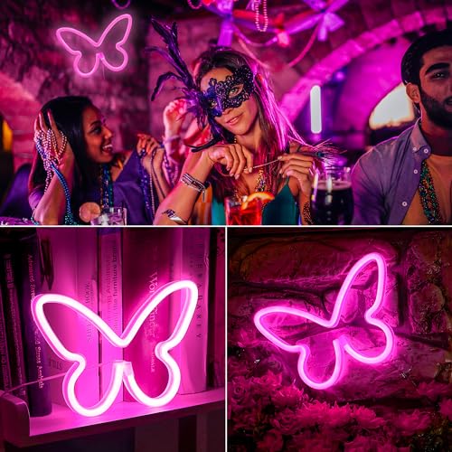 Image of Butterfly Neon Signs LED Light 3-AA Battery Powered, USB Operated Wall Neon Light Decor Butterfly Neon Wall Art for Bedroom Wedding Birthday Party Home Decor (Pink)