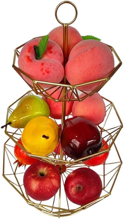 3 Tier Fruit Basket Bowl Stand for Kitchen Counter, Tiered Metal Wire Serving Stand Holder, Vegetable Storage Basket Organizer Trays, Detachable Multi Layer Snack Food Dessert Display Stand (Gold)