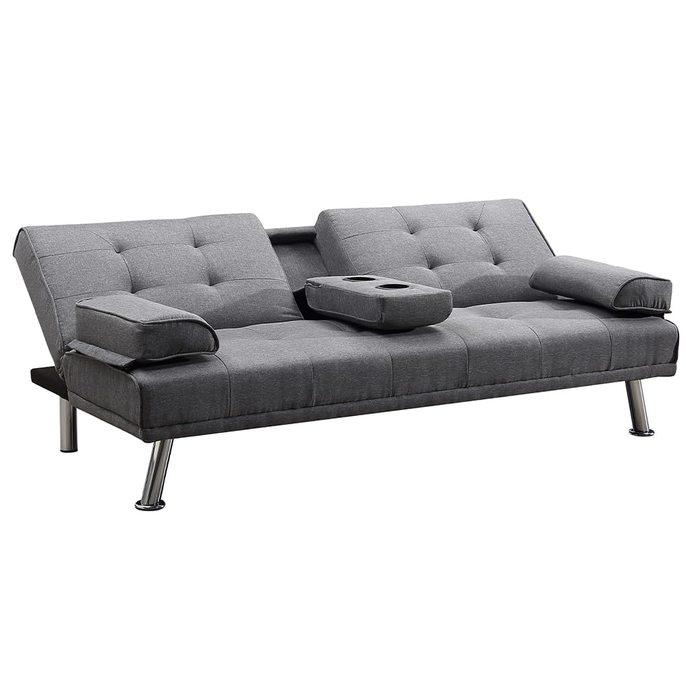 BAKAJI Divano Letto Convertibile 2 in 1 con Bracciolo Portabibite, Imbottitura Ergonomica ad Alta Densità, Divanetto con Apertura Clic Clac con Gambe Cromate, Ideale per Soggiorno (Tessuto Grigio)