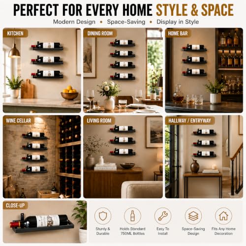Image of 6-Shelf Metal Wall Mounted Wine Rack - Hanging Wine Bottle Holder Organizer for Kitchen, Bar, Home Storage - 6PCS Iron Wine Bottle Display Stand (6PCS-Black)