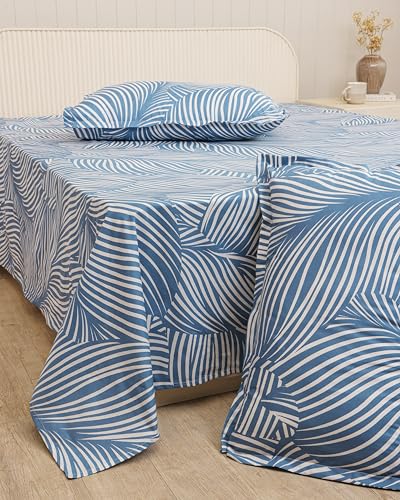 Image of HOMEMONDE Single Size Bedsheet | Cotton Flat Sheet with One Pillow Cover | 186 TC |Feather Design| All-Season Soft Bedsheet for Single Bed (60 x 90 Inch /152 x 229 cm, Blue Feather)