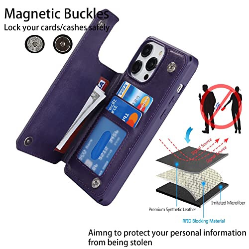 Image of Cavor for iPhone 14 Pro Case with Card Holder,iPhone 14 Pro Wallet Case for Women Men,Phone Case for iPhone 14 pro with Stand Credit Card Holder, Leather Strap Shockproof Cover- Dark Purple