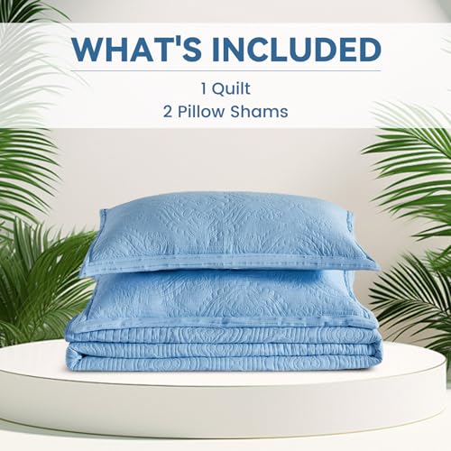 Image of ENJOHOS Light Blue California King Quilt Set, Oversized King Bedspreads 128x120, 3 Piece Soft Lightweight Extra Wide Microfiber Quilts, Vintage Boho Striped Pattern Summer Coverlet