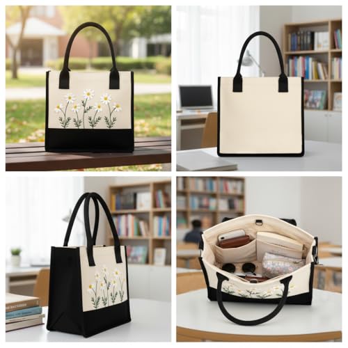 Image of Cotton Tote Bag For Woman Stylish | Embroidered Canvas Hand Bag With Floral Design | Casual Shoulder Bag Zipper For College Girls, Office, Daily Use, Travel, Beach, Shopping