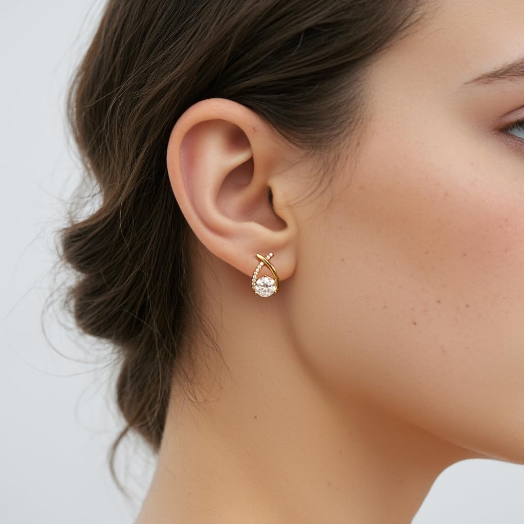 2ct Moissanite Stud Earrings for Women, Earrings in Crossed Asymmetrical, Mermaid Tail Earrings, D Color VVS1 18K Gold Plated 925 Sterling Silver Hypoallergenic, Round Cut Lab Created Diamond for Gift - Image 4