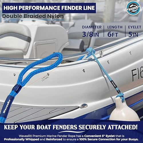 Image of WavesRx Premium Fender Line 3 /8'' x 6' (4 Pack) | Double Braided Nylon Boat Dock Lines and Ropes for Docking Buoys & Fenders | Marine Dock Ropes for Boats, Pontoons | Boat Ropes for Docking with Loop