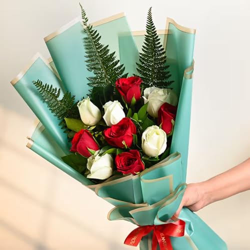 Image of FlowerAura Premium Fresh Live Flower Bouquet of 10 Red & White Roses In Designer Paper Gift For Birthday | Anniversary | Love | Home Decor | Fathers Day Gift For Dad (Same Day Delivery)