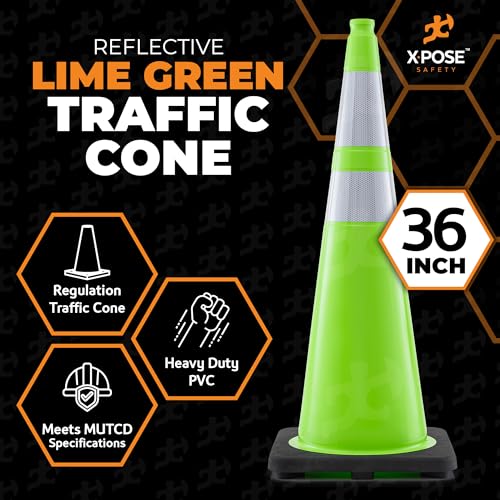Image of Xpose Safety 36 inch Lime Green Traffic Cone Dual 6 inch & 4 inch Reflective Collar - 4 Pack Multipurpose Premium PVC Safety Cone for Parking, Caution, Construction, Road Crews, Emergency Vehicle - DOT Approved