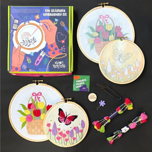 Image of KNOT YOUR TYPE Tulip Duo DIY Embroidery Kit for Beginners | Hand Embroidery Starter Kit with Hoop, Threads & Tools | Creative Art & Craft Gift Set for Adults | Bundle of 2