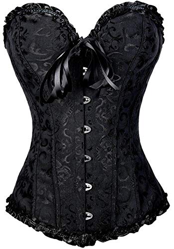 Zanuce Women's Sexy Satin Boned Lace Up Overbust Plus Size Corset Bustier,Black,X-large