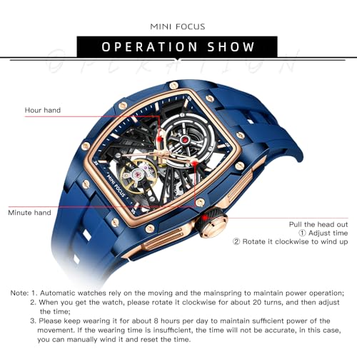 Image of MF MINI FOCUS Unique Men Watches,Automatic Mechanical Watch,Luxury Hollow Tonneau Watches for Men with Stainless Steel Case and Silicon Band (Self-Wind Movement /5ATM Waterproof /Super Luminous)