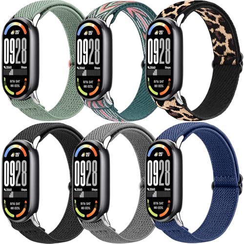 Wanme 6 Piezas Correa Compatible con Xiaomi Smart Band 10/9/8 Mujer Hombre, Conector Metálico Mejorado, Pulseras Elásticas Ajustables de Nylon Deportivo de Repuesto para Xiaomi Mi Band 8/9/10