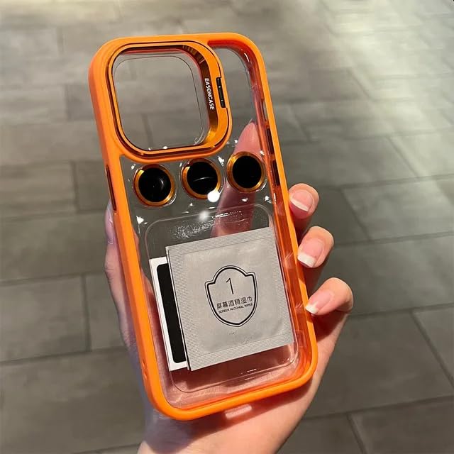 LuxuryKase Clear Case for iPhone 15 Pro Max | Metal Lens Protector & 180° Rotating Bracket | Shockproof Transparent Hard Back Cover with Soft TPU Frame – Orange