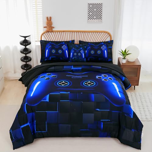 PERFEMET Twin Size Bed in A Bag 6 Pieces Gaming Bedding Set for Boys Blue Gamer Comforter with Sheet Set for Kids Teen Cool Video Game Black Quilt...