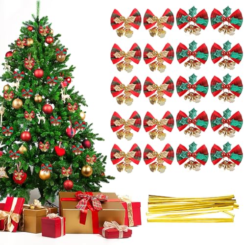 Darryy 20 Piezas Lazos de Navidad, Lazos de Árbol de Navidad, Mini Lazos Navideños, Lazos Rojos Arbol Navidad, Adornos para el Árbol de Navidad, Adornos para Coronas, Adornos para Regalos