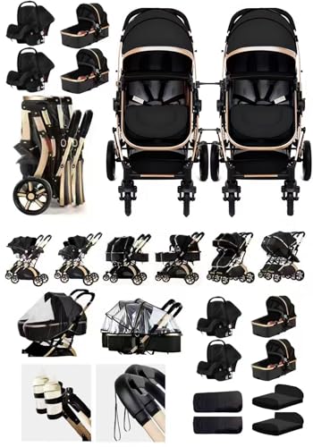 Rexhan Twin 4 in 1 Reversible Travel System Foldable Double Baby Buggy Twin Toddler Pram Pushchair Lightweight Tandem All in One Stroller Portable Baby Carriage 0-4 Year Aluminium Frame