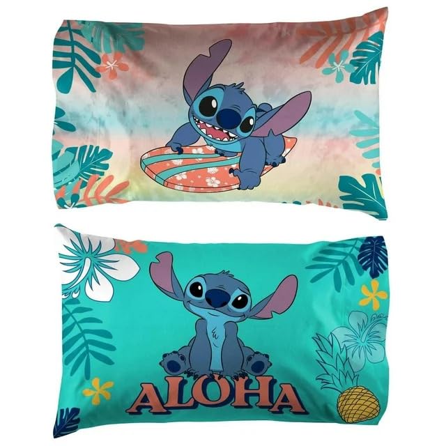 Lilo & Stitch Pillowcase 2 Piece Set Island Design Microfiber Standard Size Pillow Covers for Kids Bedroom & Nursery