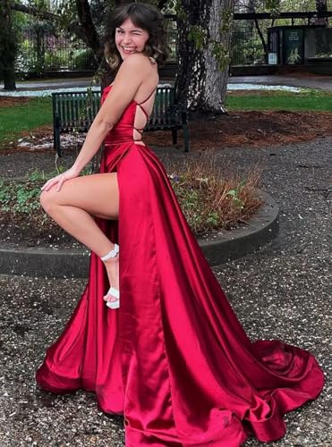 POMUYOO Satin Bridesmaid Dresses Long 2025 Spaghetti Straps Halter Bodcie Formal Party Gown with Slit4