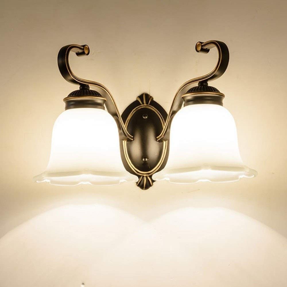 American Country Elegante Retro-Wandleuchte Schlafzimmer Nacht Leselampen Loft Wohnzimmer Veranda Schwarz Finish Wandleuchte Eisenbefestigung Milchweiß Schatten Laterne Innen-Doppelkopf-Wandleuchte